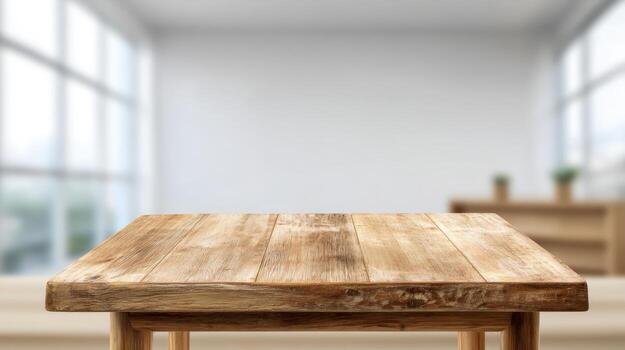Wooden Tabletop with Blurred Interior Background, Perfect for Product Display and Mockups in Bright, Modern Setting photo
