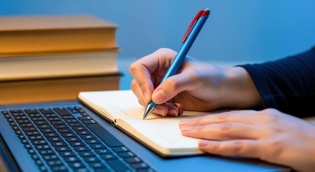 Hands Writing in Notebook Next to Laptop and Books Study, Work, Creativity Concept photo