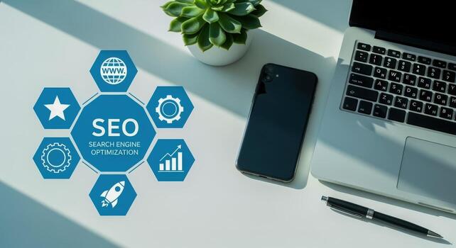 seo estrategia concepto con computadora portátil, teléfono, planta, y hexágono conformado gráficos desplegado en blanco escritorio foto