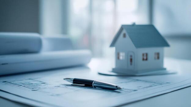 Home Blueprint with Miniature House and Pen, Representing Architecture, Design, and Real Estate photo