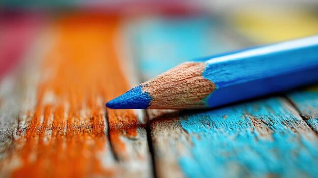 Macro Shot of a Blue Colored Pencil on a Distressed Multicolored Wooden Surface, Symbolizing Creativity photo
