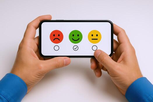 Customer Feedback Survey on Mobile Phone Displayed by Hands, Showing Positive Rating and Satisfaction photo