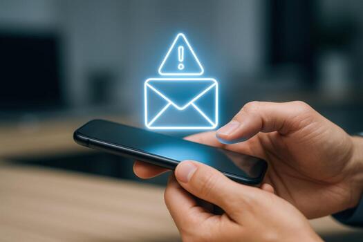 Alert Notification on Mobile Phone with Envelope and Exclamation Point, Warning of Possible Security Threat photo