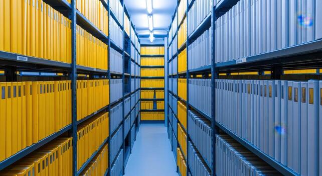 Archival Storage Rows of Folders in Organized Shelving System for Efficient Data Management photo