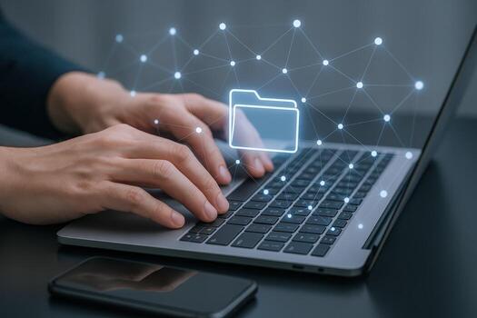 Data Management Concept Person Typing on Laptop with Virtual Folder and Network Overlay photo