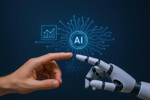 Human and AI Collaboration Future Technology Interface with Robot Hand Touching Digital Screen photo