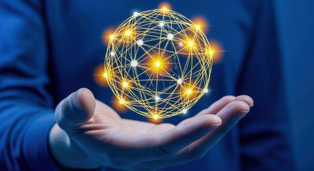 Hand Holding Glowing Sphere of Connected Dots Concept for Innovation, Technology, and Future photo