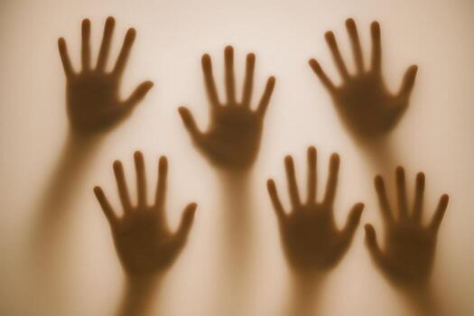 Abstract Hands Silhouettes Behind Frosted Glass Conceptual Image of Mystery, Touch, and Uncertainty photo