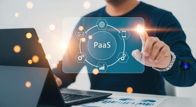 Platform as a Service Concept Man Interacting with Virtual Interface Displaying PaaS, Cloud Computing and Digital Transformation photo