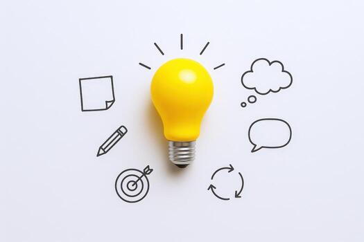 Bright Yellow Light Bulb Surrounded by Idea Generation Icons on Clean White Background photo