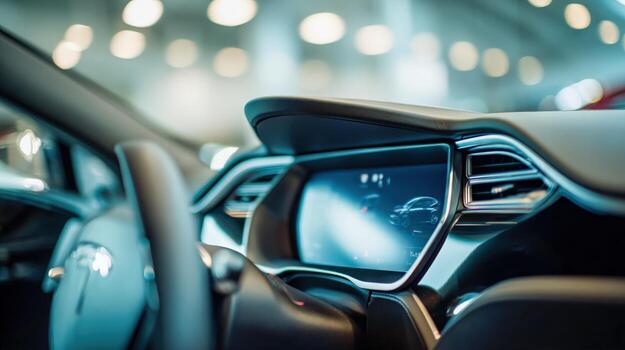 moderno coche interior tablero monitor con digital interfaz y pulcro diseño, automotor tecnología y transporte foto