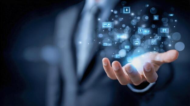 Digital Transformation Businessman Holding Holographic Icons Representing Technological Innovation and Connection in the Modern World photo