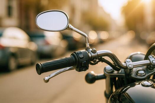 Motorcycle Handlebars View - Close-Up Chrome Mirror and Controls on Urban Street, Transport and Automotive Concepts photo