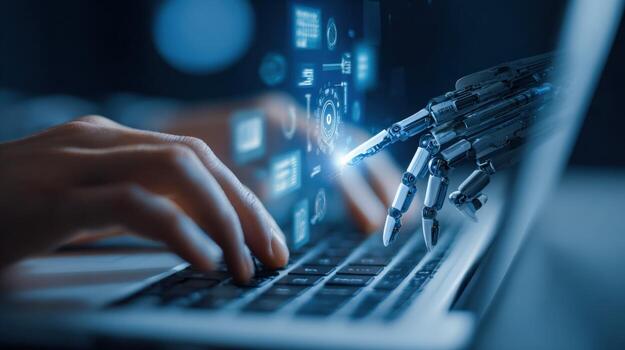 Human Hands on Laptop with Robotic Arm Artificial Intelligence and Future Technology Concept photo