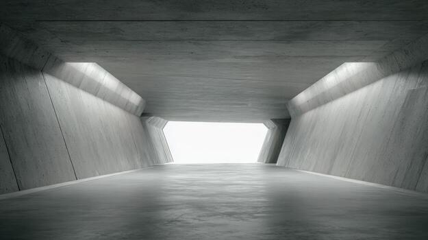 Abstract Concrete Tunnel with Bright Exit Modern Architecture and Minimalist Design for Commercial Use photo