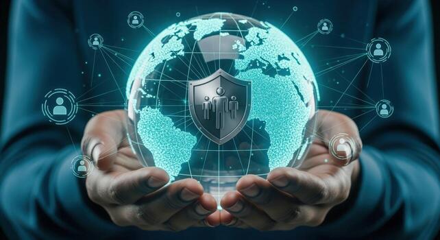 Protecting Global Network Hands Holding Globe with Security Shield, Representing Cyber Security and Data Protection photo