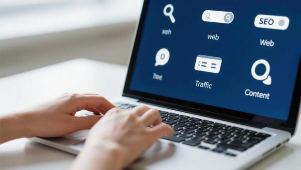Hands Typing on Laptop Displaying SEO Concepts, Web Traffic Analysis and Digital Marketing Strategies photo
