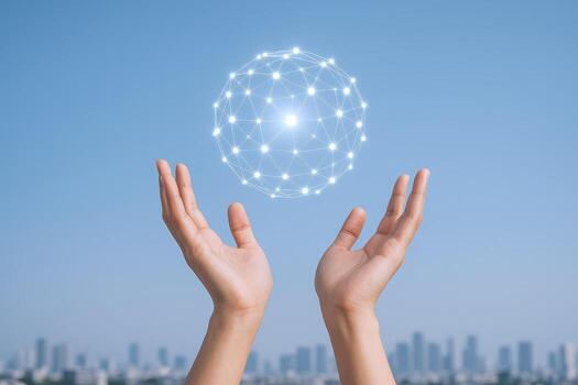 Hands Reaching for a Digital Globe Technology, Connection, and Innovation Concept with Cityscape Background photo