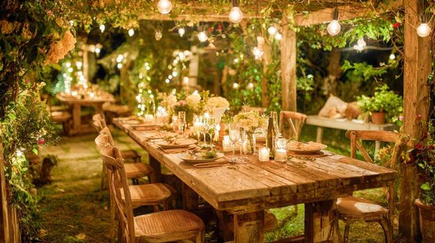 Elegant Outdoor Dinner Party Under String Lights Rustic Table Setting for Special Occasions photo