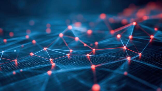 Abstract Network Connection with Red Nodes and Blue Lines, Representing Data Flow and Connectivity photo