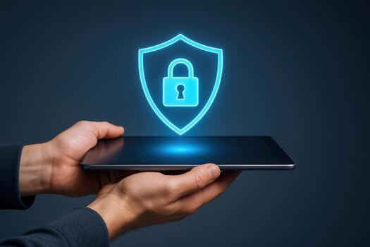 Digital Security Concept Hands Holding Tablet with Glowing Lock Shield, Protecting Data and Ensuring Online Privacy photo
