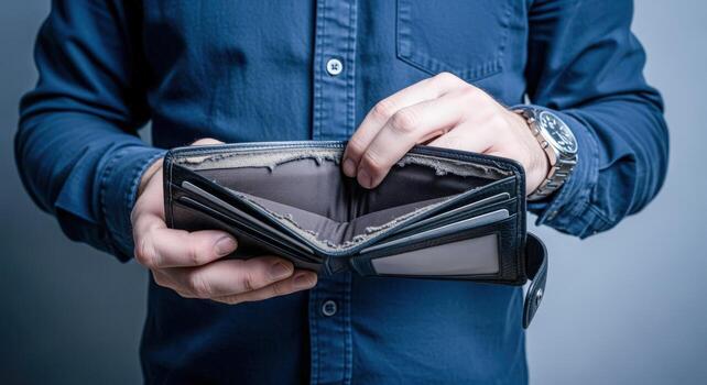 Empty Wallet in Mans Hands Illustrates Financial Hardship and Economic Challenges, Representing Debt and Recession photo