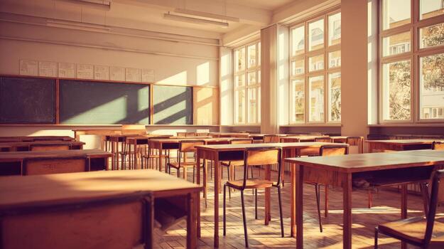 Empty Classroom with Desks and Chalkboard in Warm Sunlight Educational Setting for Learning photo