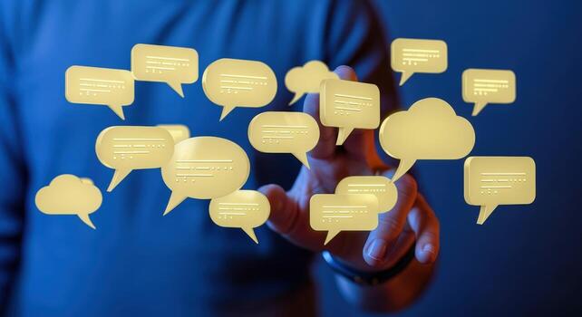 comunicación tecnología hombre interactuando con digital habla burbujas, exhibiendo mensajería, conectividad, y moderno Interacción foto