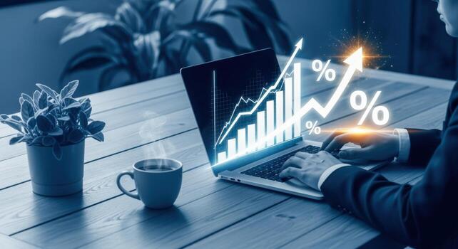 Financial Growth Visualization Person Analyzing Investment Data on Laptop with Charts and Percentage Increase photo