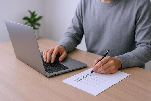 Man Completes Checklist on Desk with Laptop in Bright Home Office Environment for Business photo