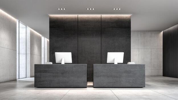 Modern Reception Area with Minimalist Design and Concrete Texture, Featuring Clean Lines and Bright Lighting photo