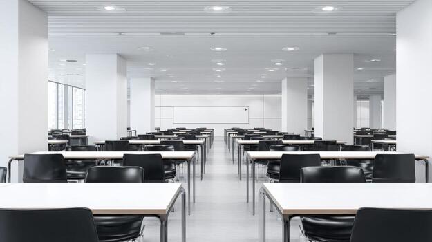 Spacious University Library Interior with Rows of Tables and Chairs in Minimalist White Design photo
