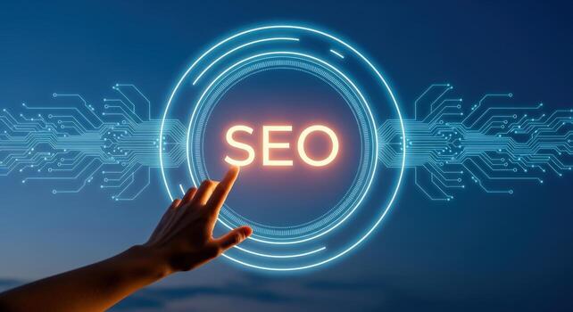 SEO Concept with Digital Interface, Person Touching Screen, Optimization Technology and Strategy, Dark Blue photo