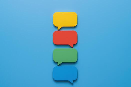 Colorful Speech Bubbles Stacked on Blue Background, Representing Communication, Feedback, and Ideas photo