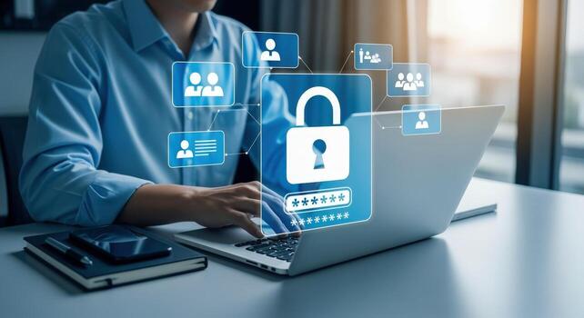 Data Security Businessman Protecting Information Online with Password Encryption on Laptop, Cybersecurity and Privacy Concepts photo