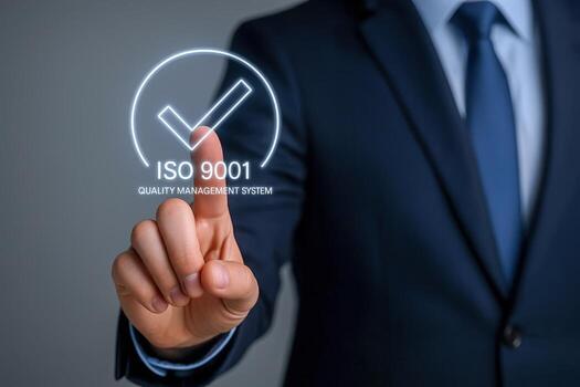 ISO 9001 Quality Management System Approval Businessman Confirms Compliance with Standards and Best Practices for Business Excellence photo