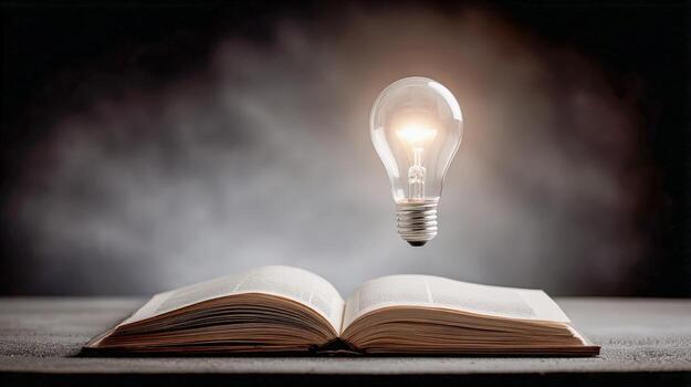 Open Book with Illuminated Lightbulb Concept Knowledge, Inspiration, and Innovation for Education photo