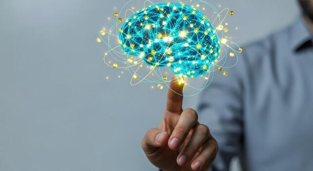 Artificial Intelligence Concept Human Finger Touching a Digital Brain with Neural Network Connection photo