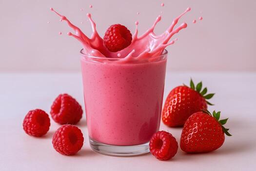 Refreshing Pink Berry Smoothie with Raspberry Splash, Strawberries, and Fresh Summer Fruits photo