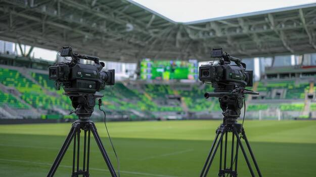 Two Broadcast Cameras on Tripods Filming Live Sporting Event in Stadium, Ready for Professional Television Coverage photo