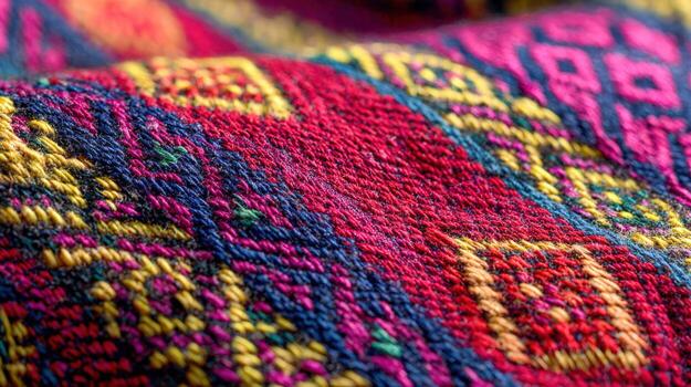 Close-Up of Vibrant, Intricate Woven Textile Featuring Rich Colors and Detailed Geometric Patterns for Backgrounds and Textures photo