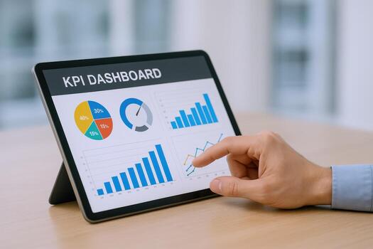 KPI Dashboard on Tablet Displayed with Hand Touching Screen for Data Analysis and Business Strategy photo