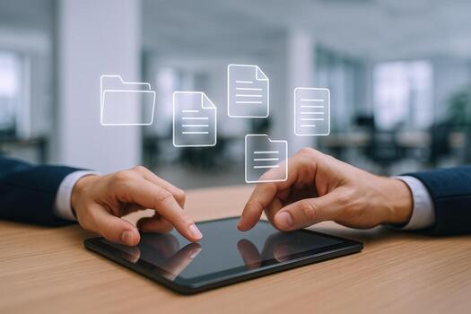Hands Using Digital Tablet for File Management, Data Organization, and Document Access in Modern Office photo