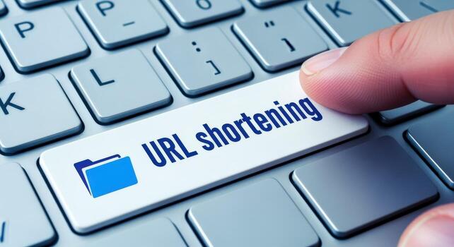 URL Shortening Concept Finger Pressing Keyboard Button with Shortened URL Text for Efficient Online Sharing photo
