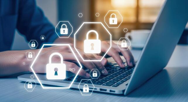 la seguridad cibernética experto asegurando datos en ordenador portátil con cifrado tecnología y autenticación sistemas para proteccion foto