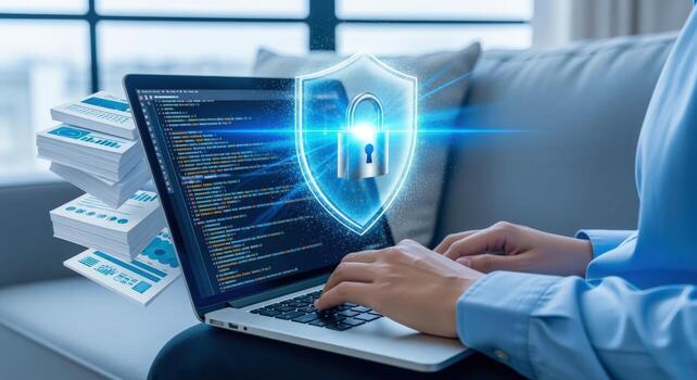 Cybersecurity Professional Securing Data and Protecting Information on a Laptop with a Digital Shield photo