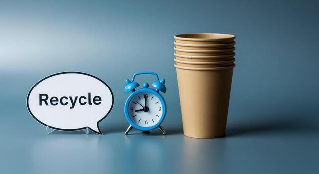 Recycle Reminder Stack of Disposable Cups with a Clock and Speech Bubble on Gray Background photo