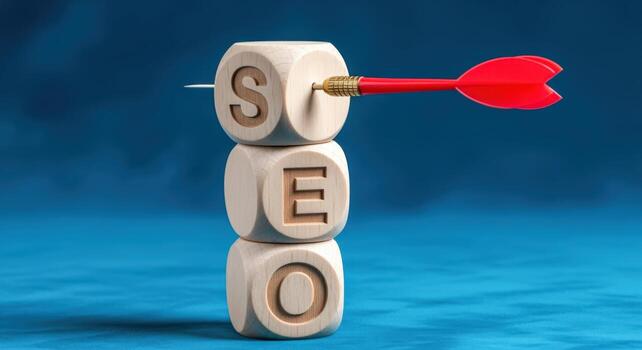 SEO Concept with Target Arrow Hitting Stacked Blocks Illustrating Search Engine Optimization Strategies on Blue photo