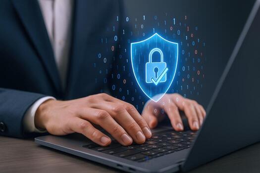 Data Security Concept Businessman Using Laptop with Digital Shield and Lock Icon Overlay for Cyber Protection photo