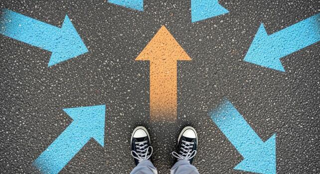 Person Standing at Crossroads with Arrows Pointing in Different Directions, Symbolizing Choices and Decisions photo